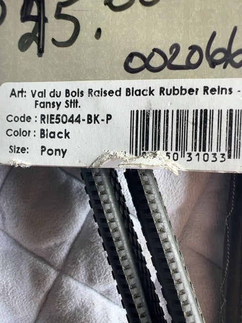 Black Val du Bois Raised Fancy Stitch Rubber Reins, Pony