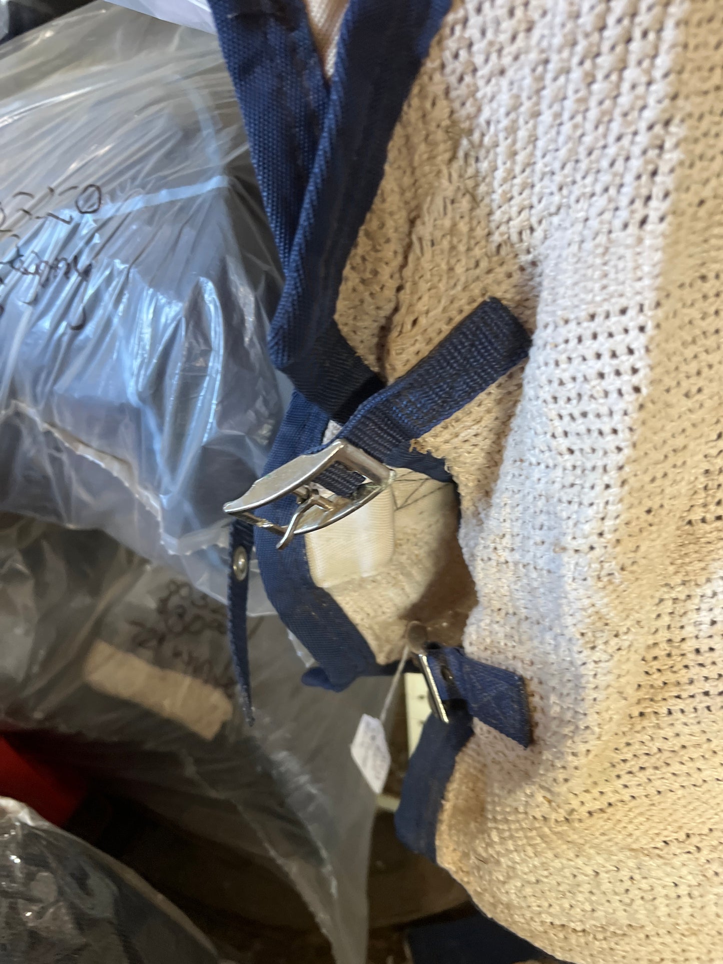 Cream with blue binding Curvon Scrim, 68"